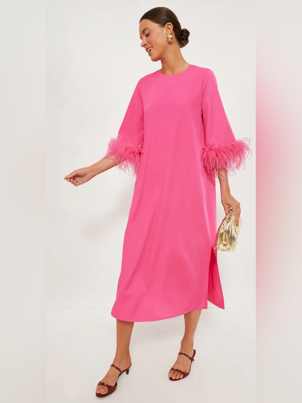 Tuckernuck Hot Pink Feather-Trim Midi Dress